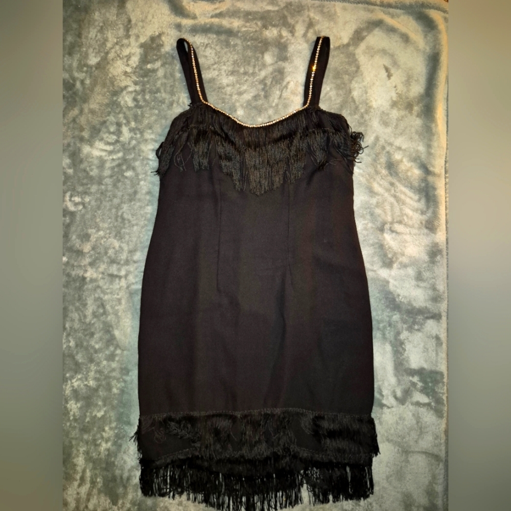 Black Fringe Flapper Dress Vintage Original Black dress with Rhine stones